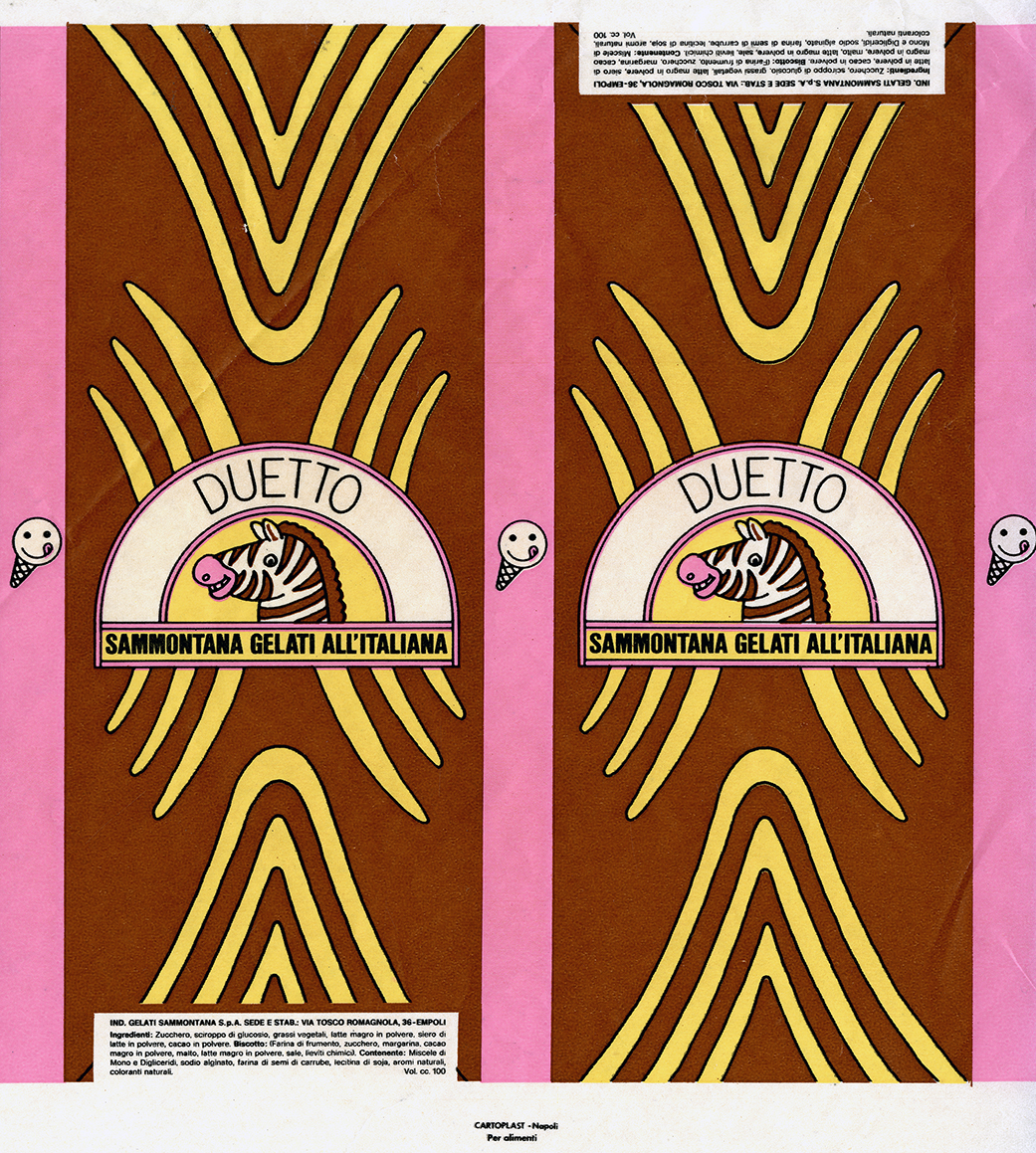 Label for Duetto gelato with zebra and brown and pink zebra stripes